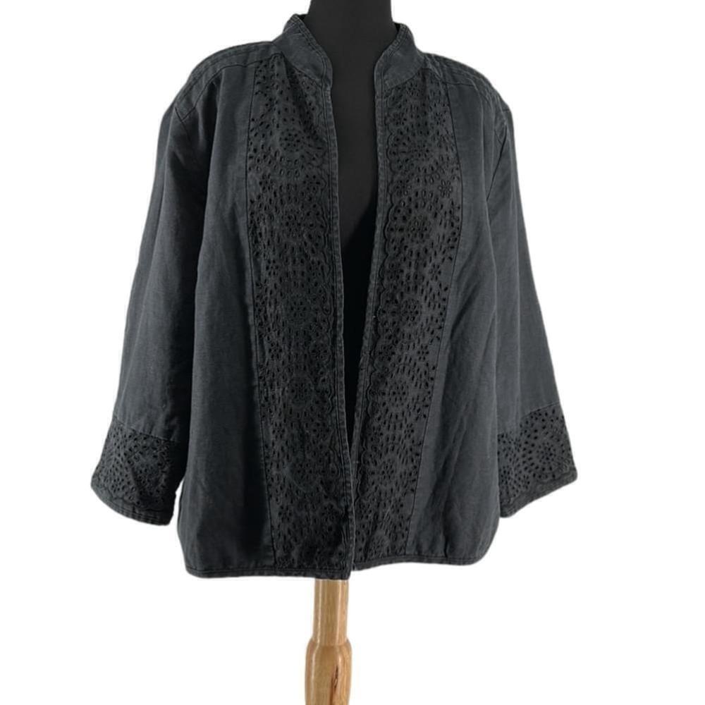 Anne Carson open front blazer jacket 100% linen eyelet lagenlook black sz 1X